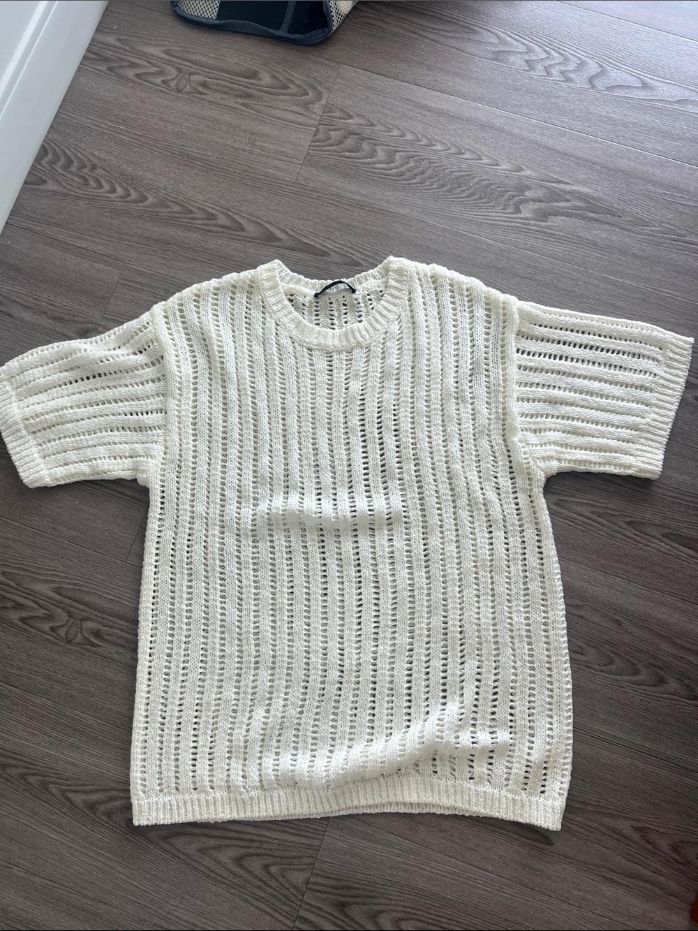 Oak + fort Cream Open-Knit Short Sleeve Sweater
